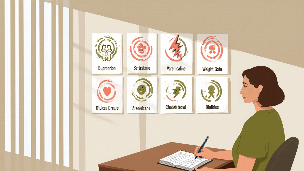 A doctor's office wall with illustrated medication comparisons and a patient holding a mood journal.