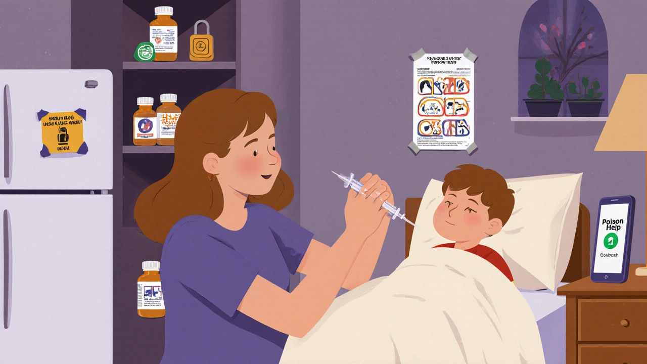 A parent giving medicine to a child with a syringe while safe storage and pictograms are visible in the background.