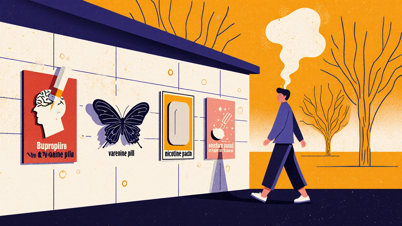 A person walking as a cigarette turns into a butterfly, with smoking cessation options displayed like vintage posters.