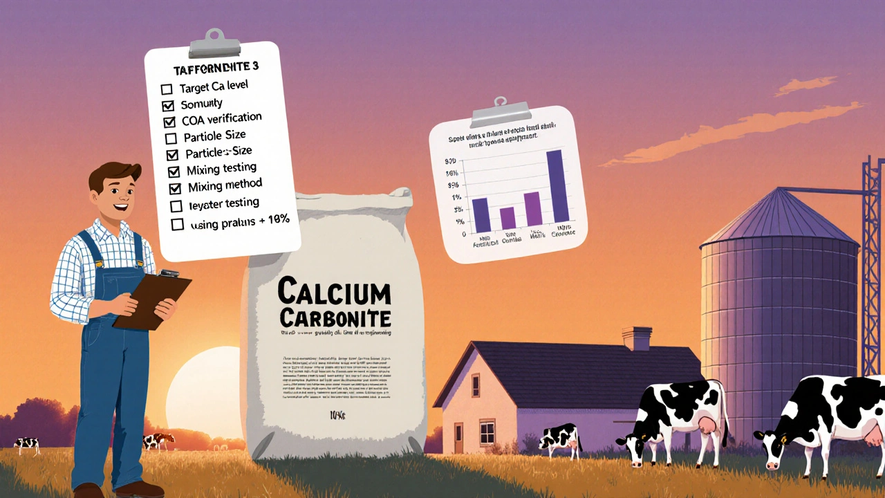 Alberta dairy farm showing farmer, feed bag, checklist, and a floating graph of improved milk metrics.