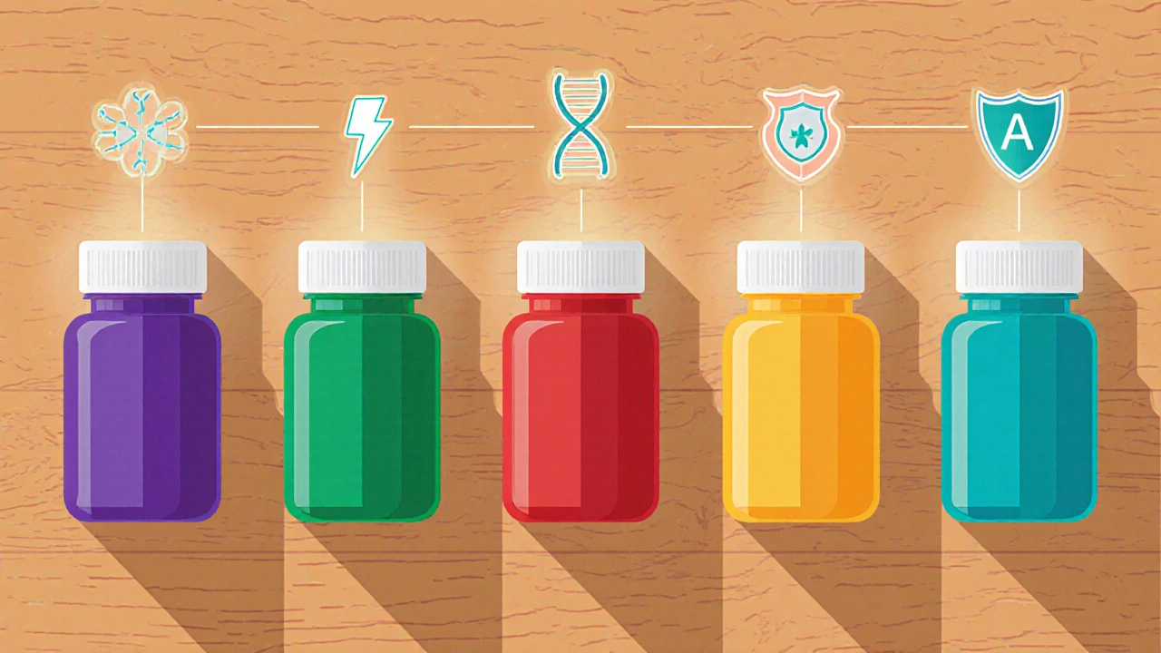Assortment of colorful supplement capsules on a wooden surface, each with a faint glowing aura.