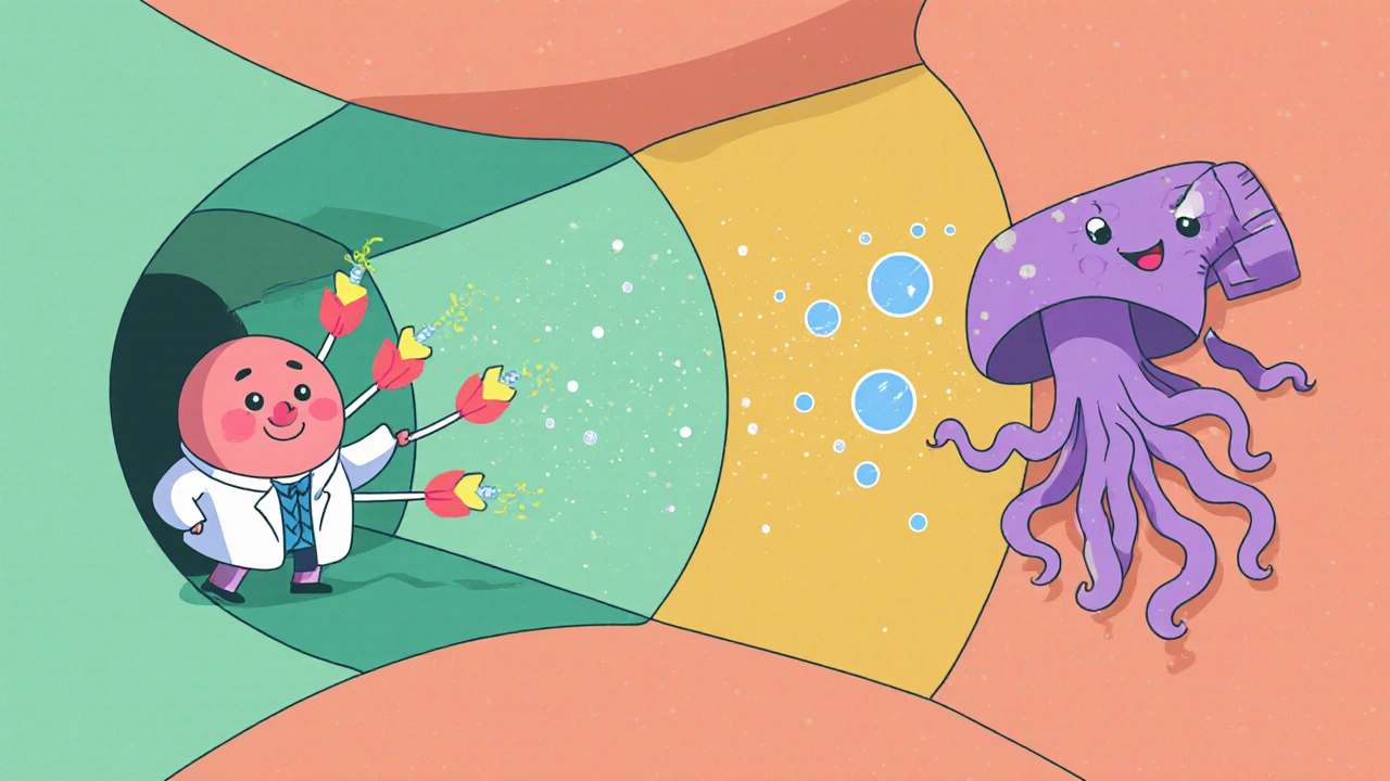 Cartoon gut tunnel showing probiotic bacteria fighting fungi with fiber arrows and fatty‑acid sparkles.