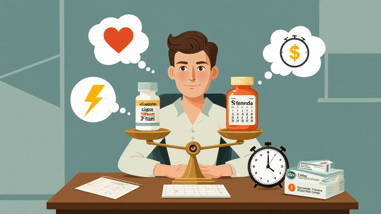 Cartoon of a man at a desk balancing pills on a scale, with icons for speed, duration, cost, and health.