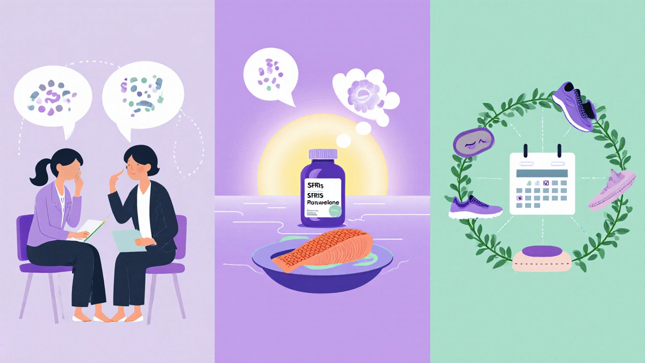 Collage of therapy session, medication bottle, and lifestyle icons for treatment.
