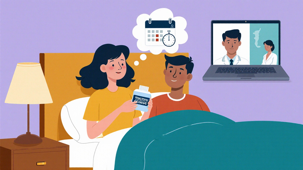 Couple in a bedroom with a thought bubble of a calendar and stopwatch, hinting at quick onset and telehealth.