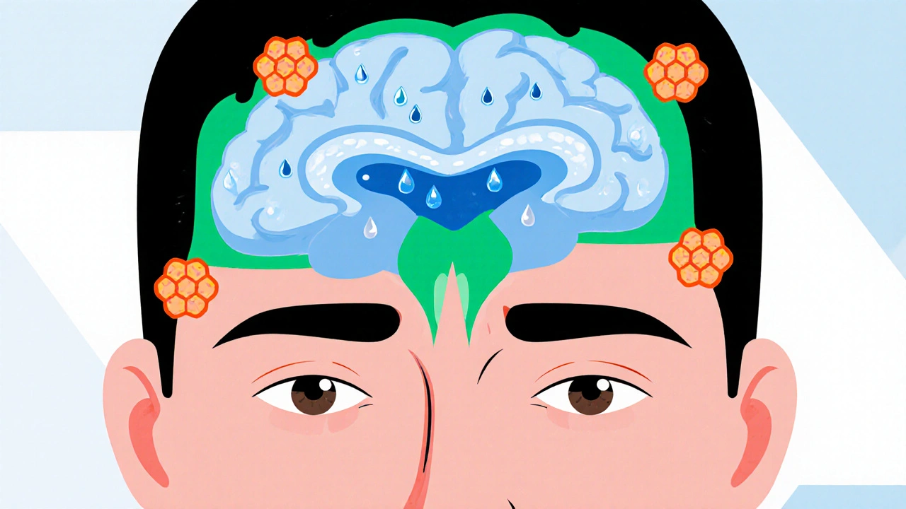 Cross‑section of brain showing CSF pressure, glowing aquaporin icons, and swollen optic discs.