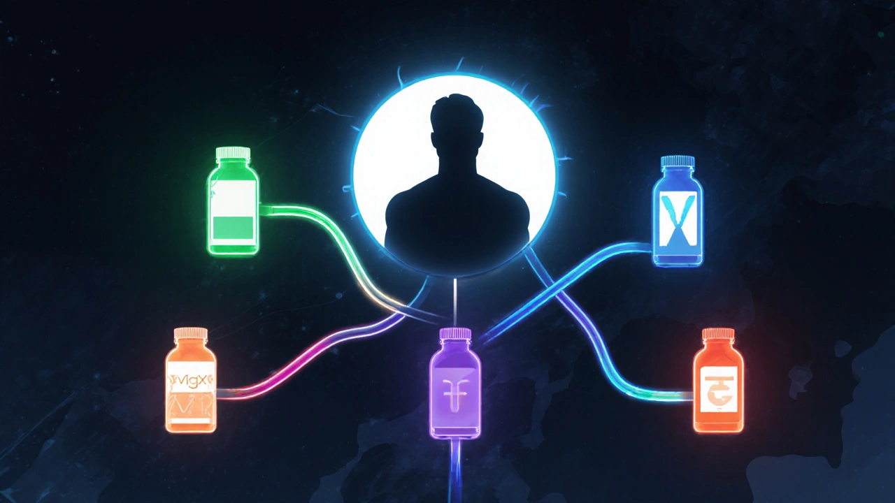 Decision tree with glowing ribbons leading to five distinct supplement bottle icons.