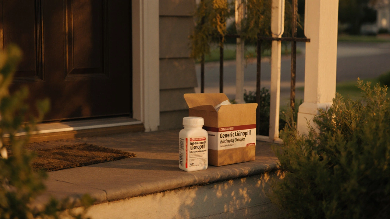 Delivery box on doorstep showing opened parcel with lisinopril bottle.