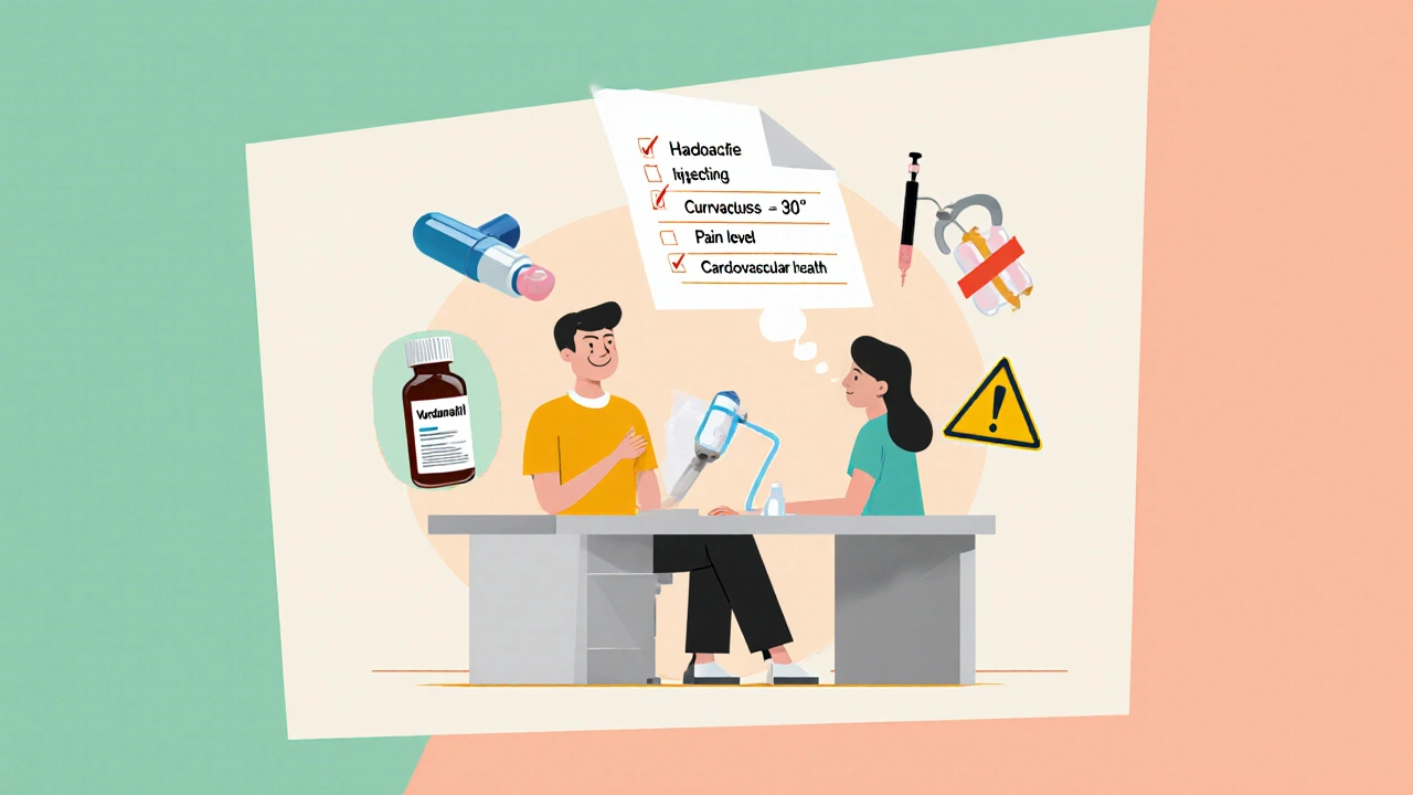 Doctor and patient discussing treatment options with icons for Vardenafil, collagenase, and side effects.