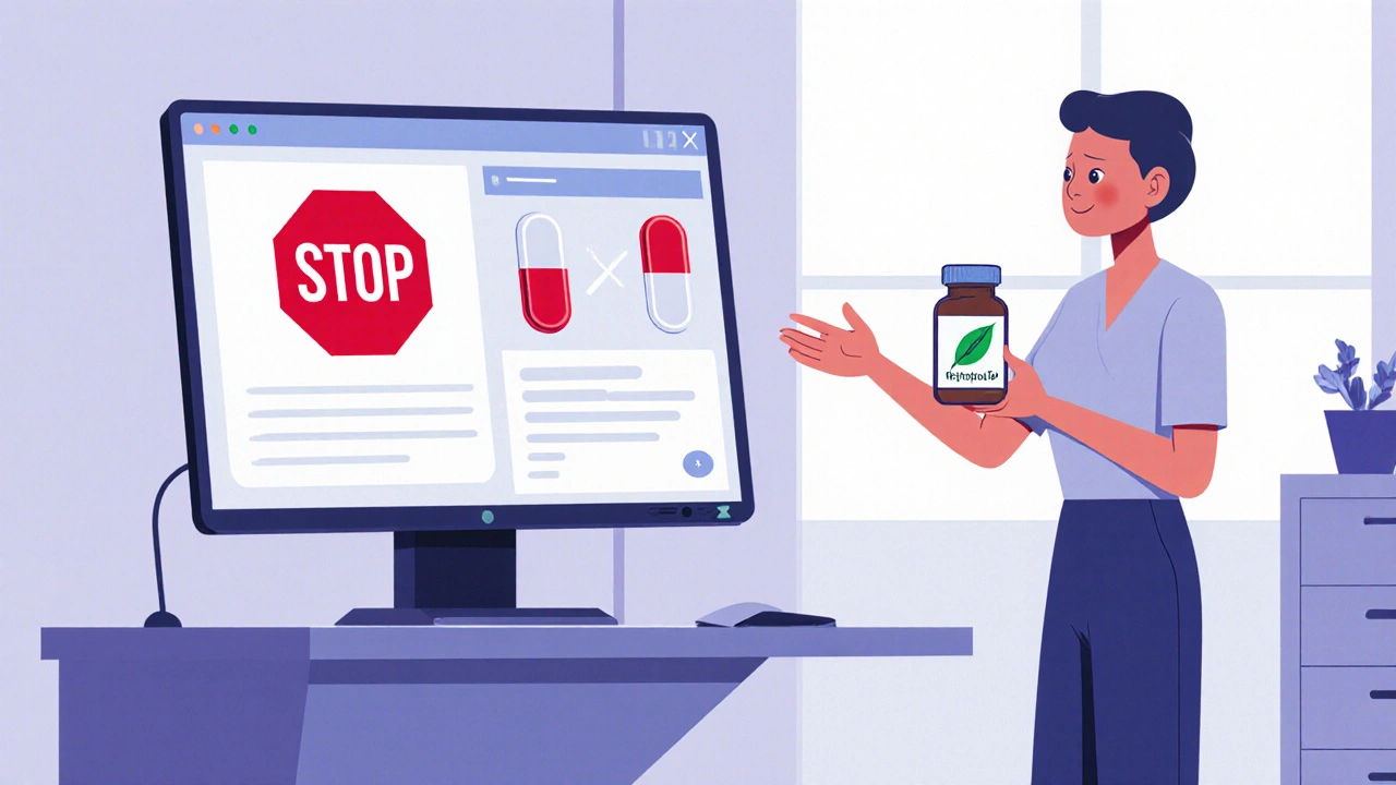 Doctor at desk with computer alert showing stop icon over pill icons, patient holding single medication bottle.