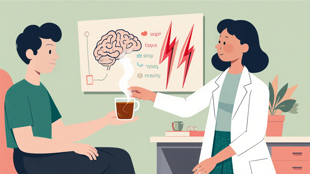 Doctor offering chamomile tea instead of alcohol, brain chart showing balance vs chaos