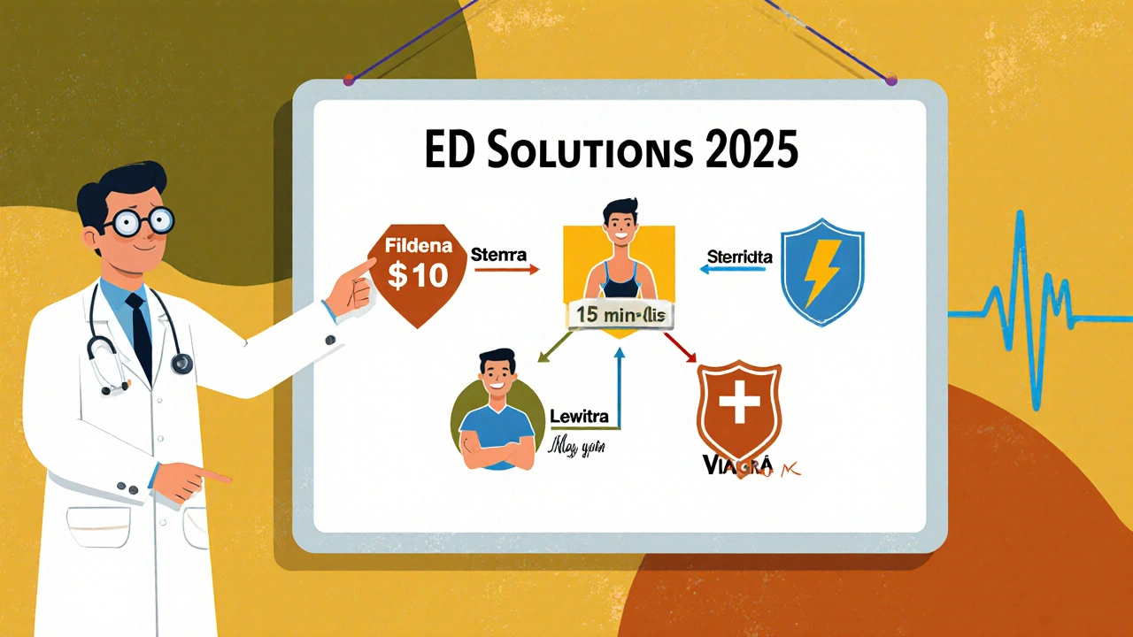 Doctor pointing to ED solution flowchart with four cartoon men representing different medications