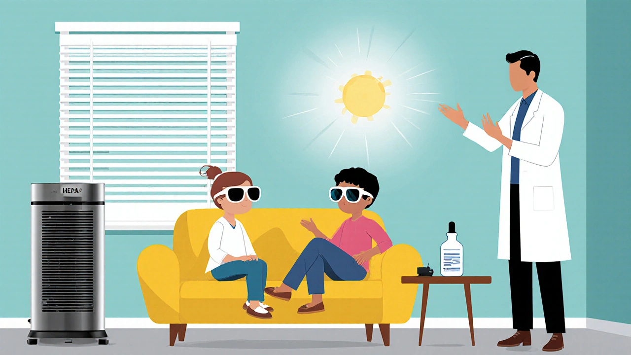 Family in a modern living room using air purifier, sunglasses, and eye drops to prevent eye allergies.