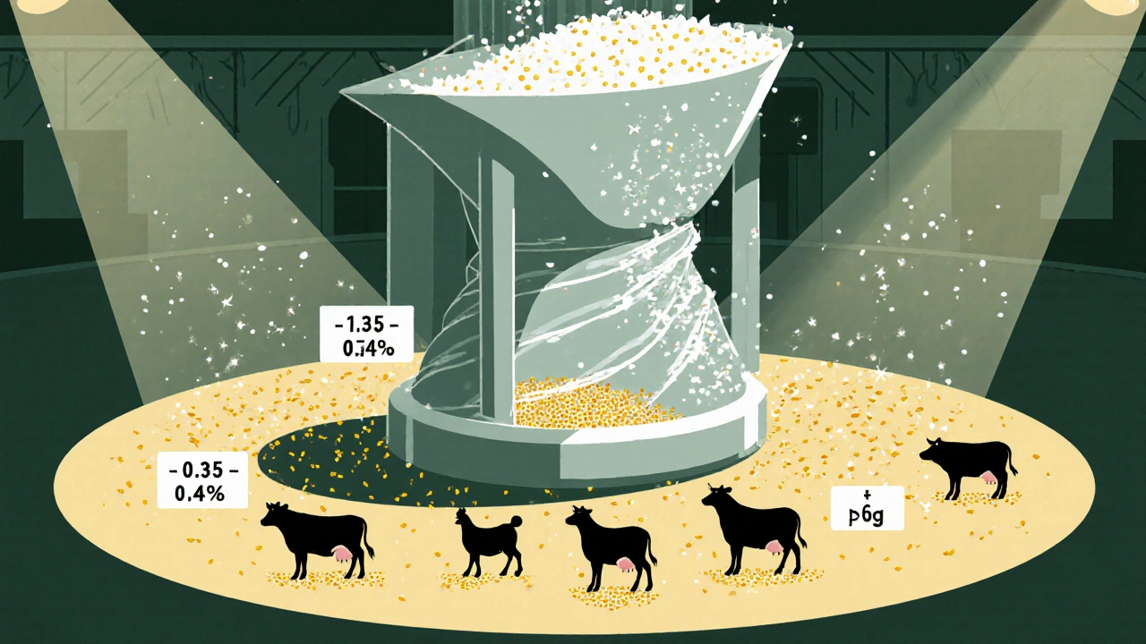 Feed mill mixer swirling calcium carbonate particles alongside animal silhouettes with dosage notes.