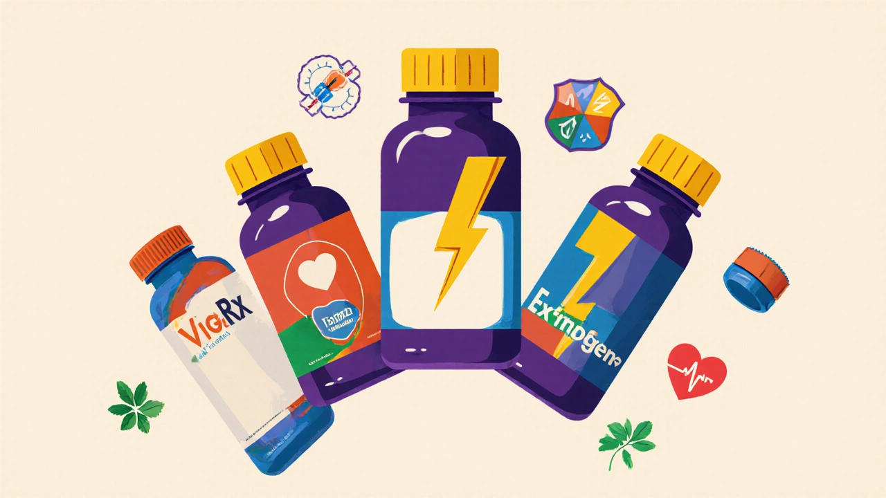 Five supplement bottles surrounded by icons representing their key features.