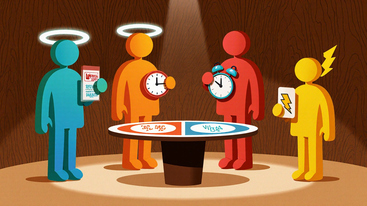 Four cartoon characters representing different ED drugs stand around a table showing speed, duration, and cost icons.