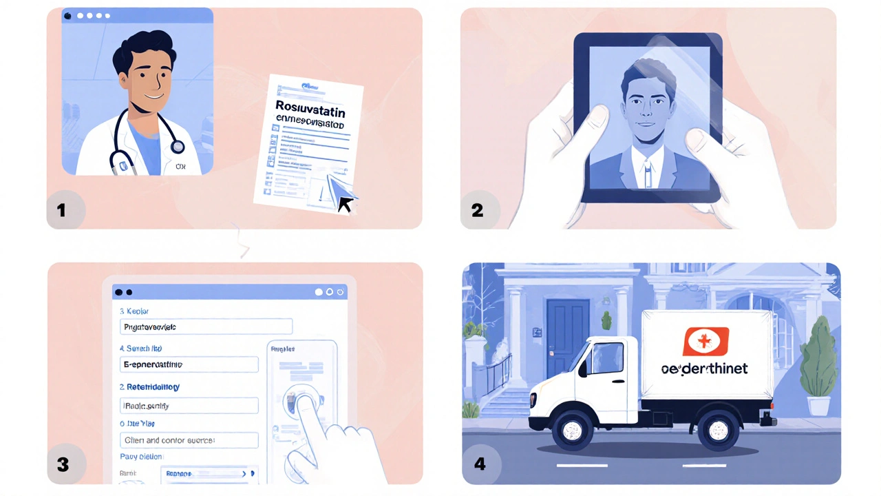 Four‑panel storyboard of telehealth prescription to home delivery of medication.