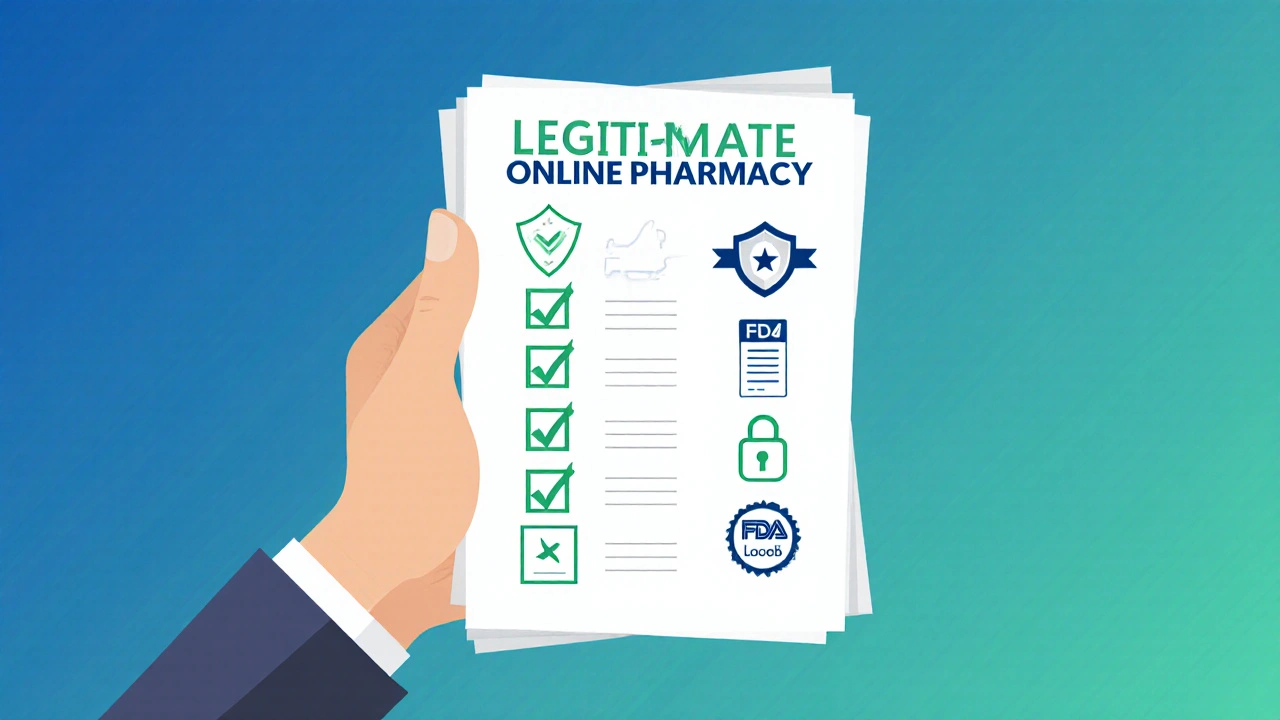 Hand holding checklist with icons for address, VIPPS, prescription, FDA, and padlock.
