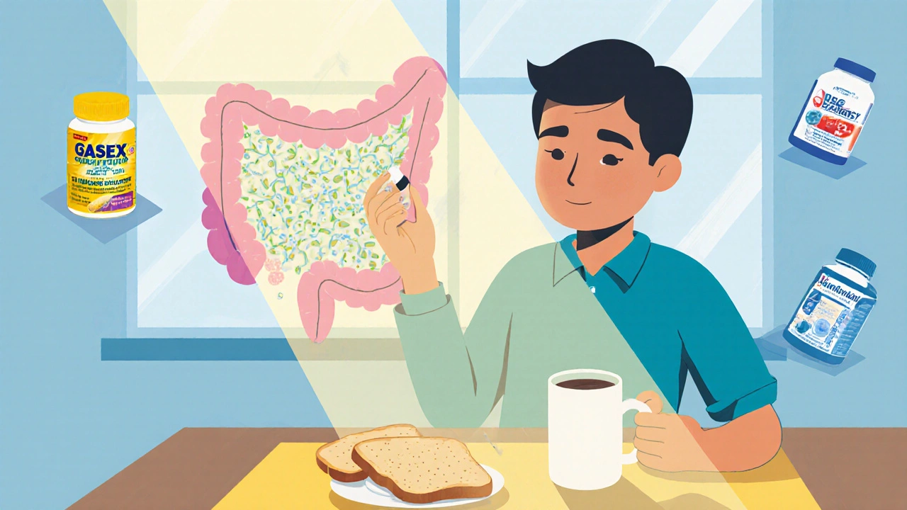 Happy individual taking a Gasex capsule at breakfast, with a cartoon gut showing probiotics reducing gas.