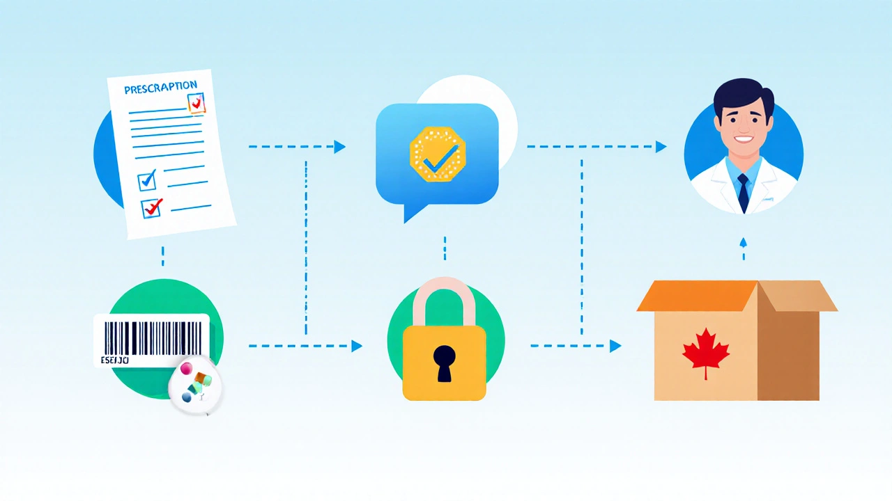 Illustrated checklist showing prescription, pharmacist chat, secure payment, and shipping box.