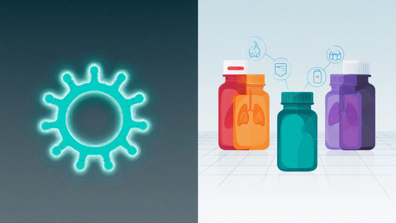 Illustration comparing Roxithromycin macrolide ring to five other antibiotic pill bottles with icons.