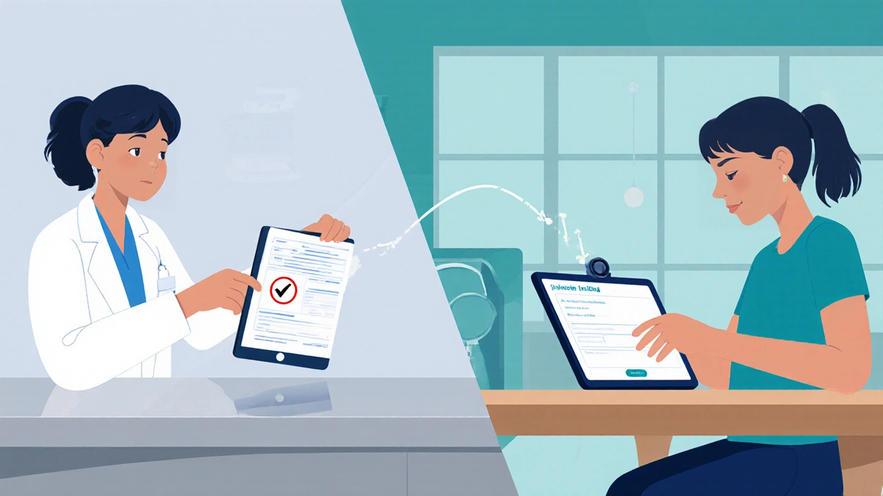 Illustration of pharmacist checking prescription and patient uploading it on tablet, split view.