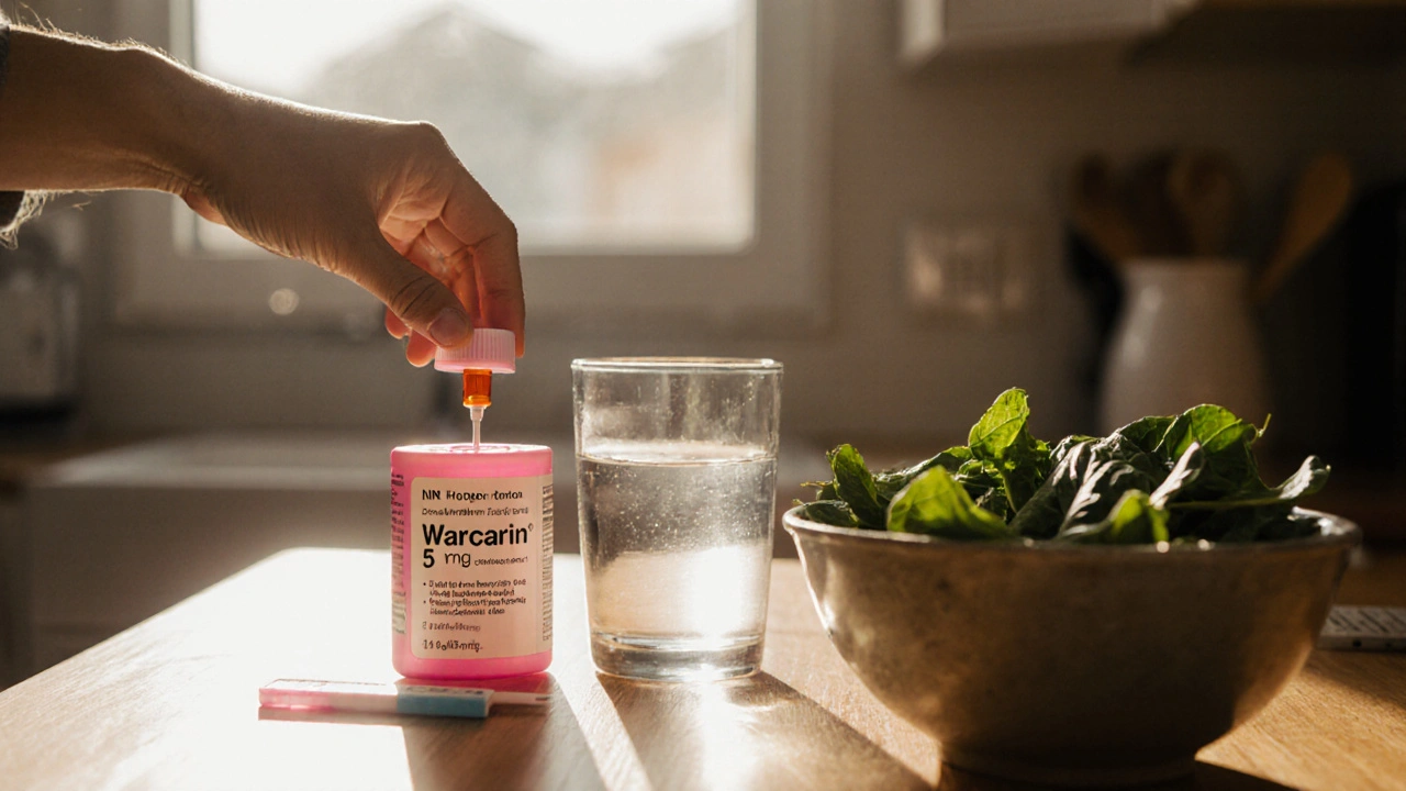 Kitchen countertop with Warfarin bottle, INR test kit, water glass, and leafy greens in sunlight.
