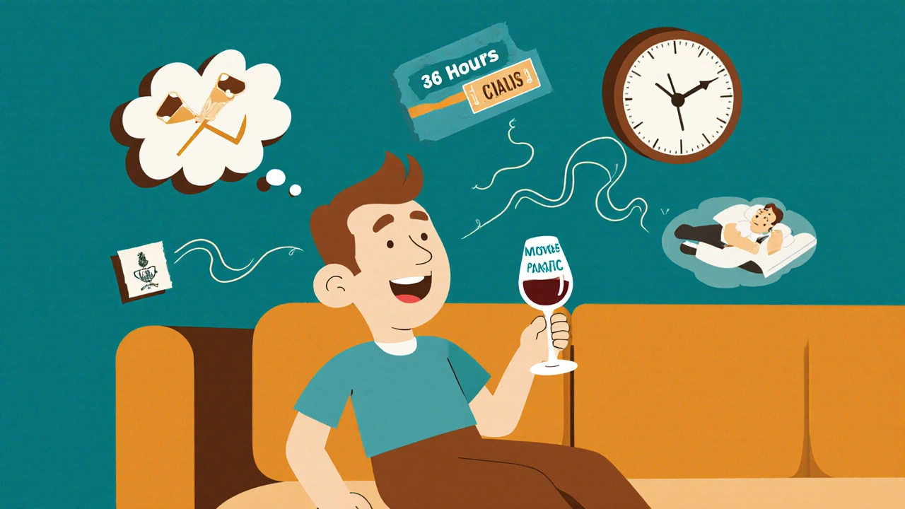 Man relaxing with Cialis tablet, floating icons of spontaneity in mid-century living room