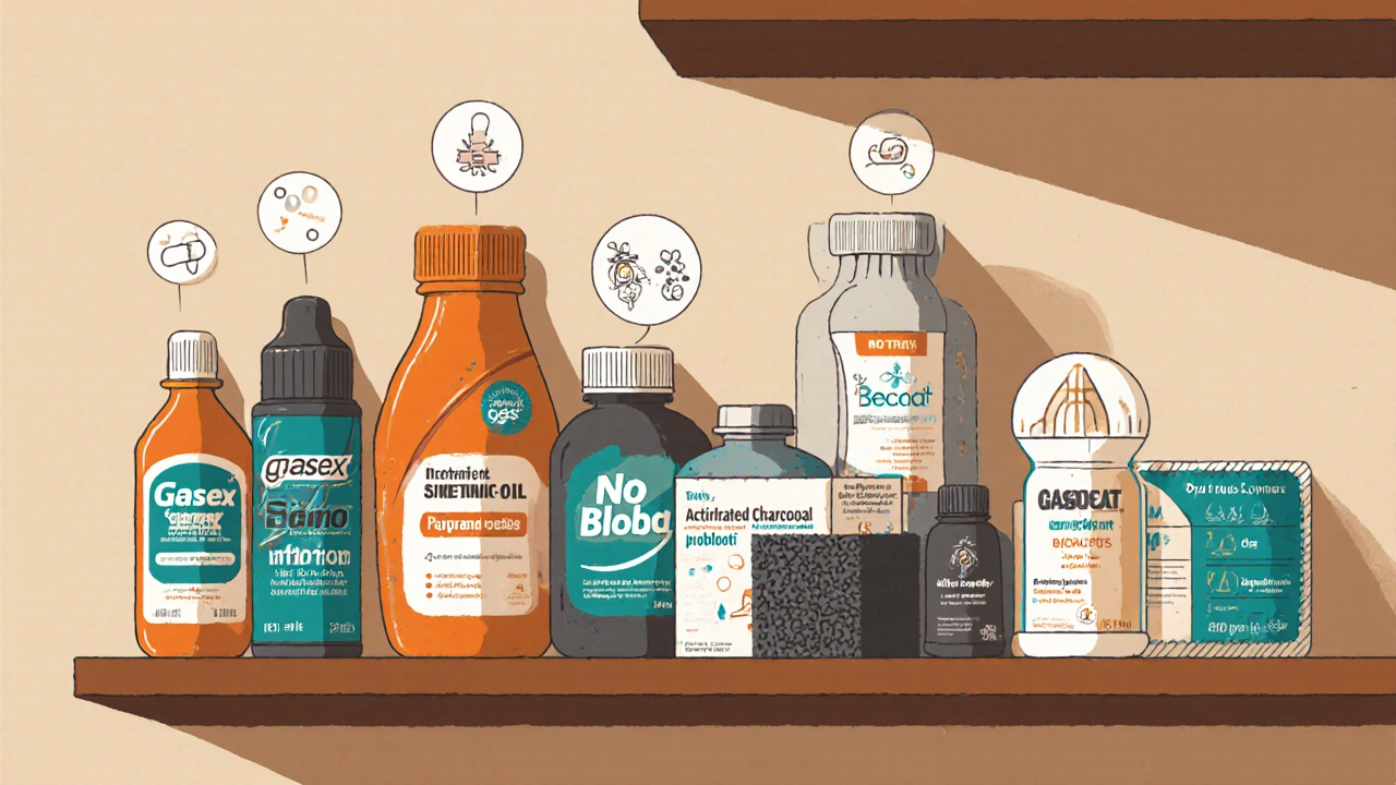 Mid‑century modern display of various gas‑relief supplement bottles with simple mechanism icons.