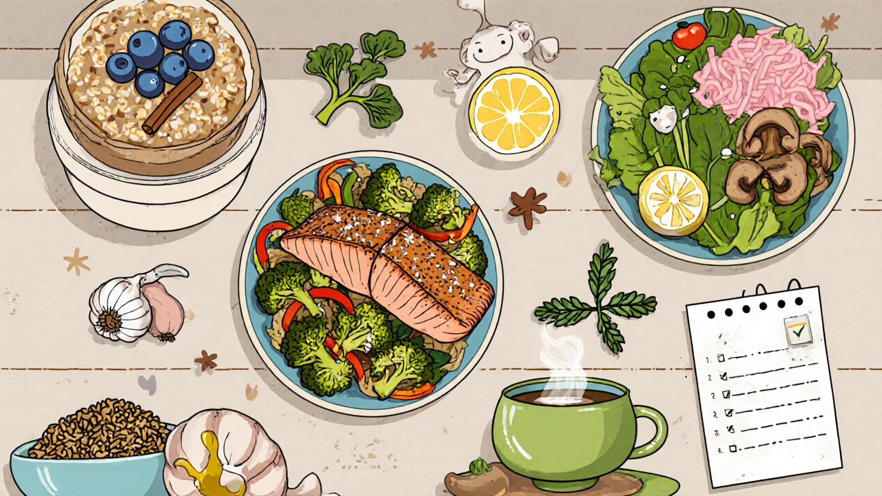 Mid‑century style collage of a day’s antifungal meals with icons for garlic, oregano, and a checklist.