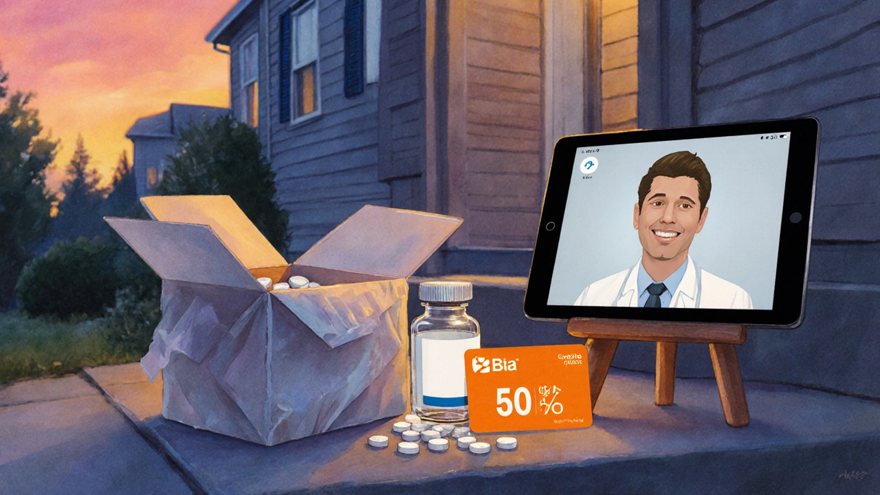 Package with pill bottle and discount card delivered on a porch at sunset.