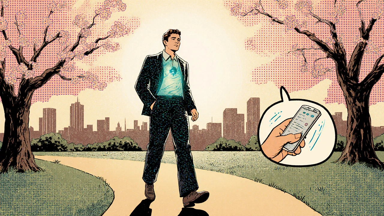 Patient walking confidently after DBS with implanted device, comic illustration.