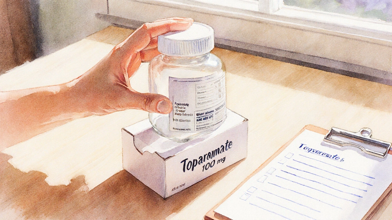 Person opening a box of generic topiramate tablets on a sunny kitchen table.