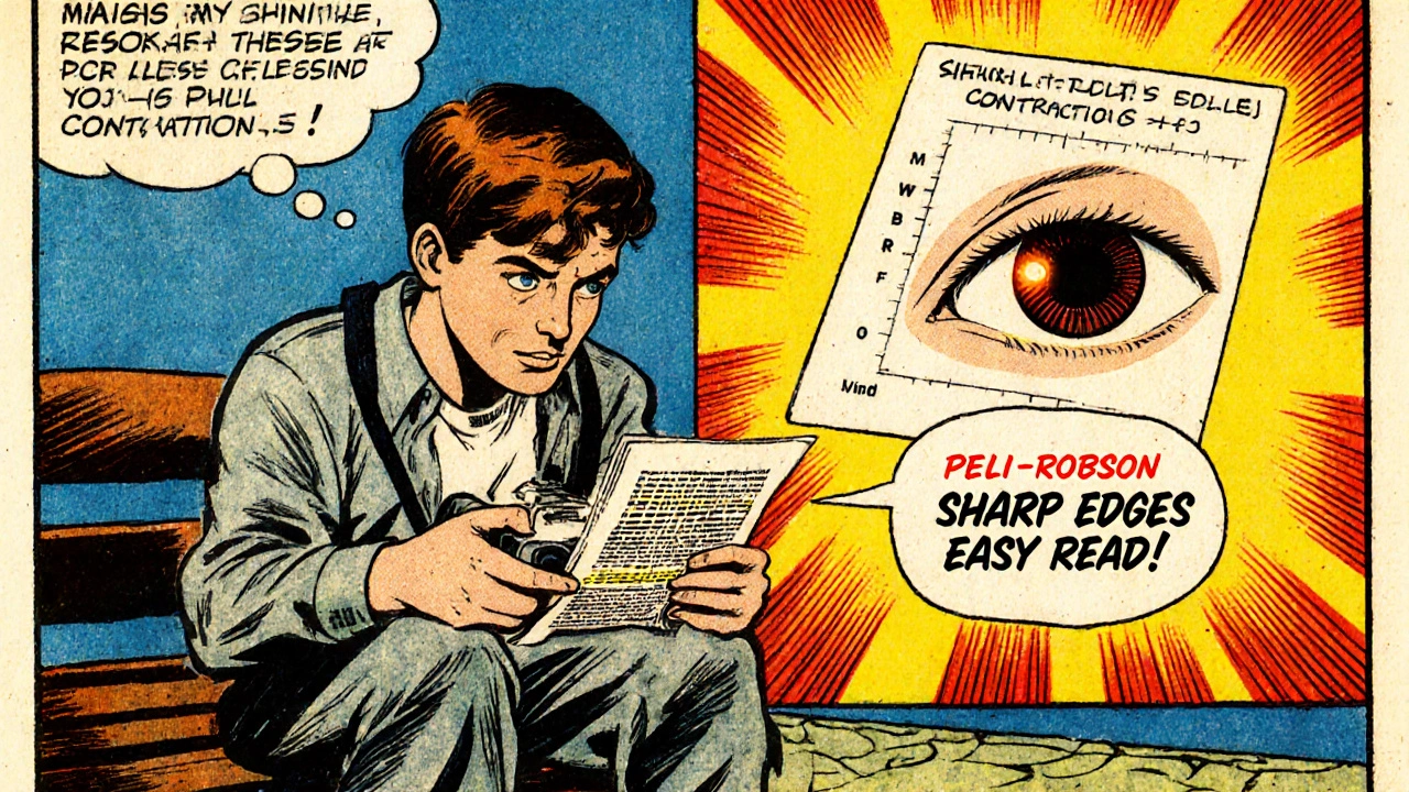 Person reading fine print on sunny day with constricted pupil enhancing contrast.