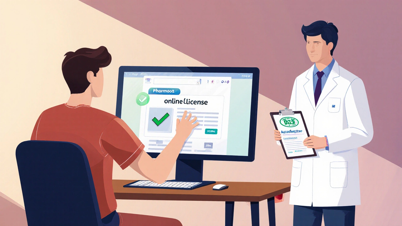 Person reviewing a licensed pharmacy website with a pharmacist holding a clipboard.