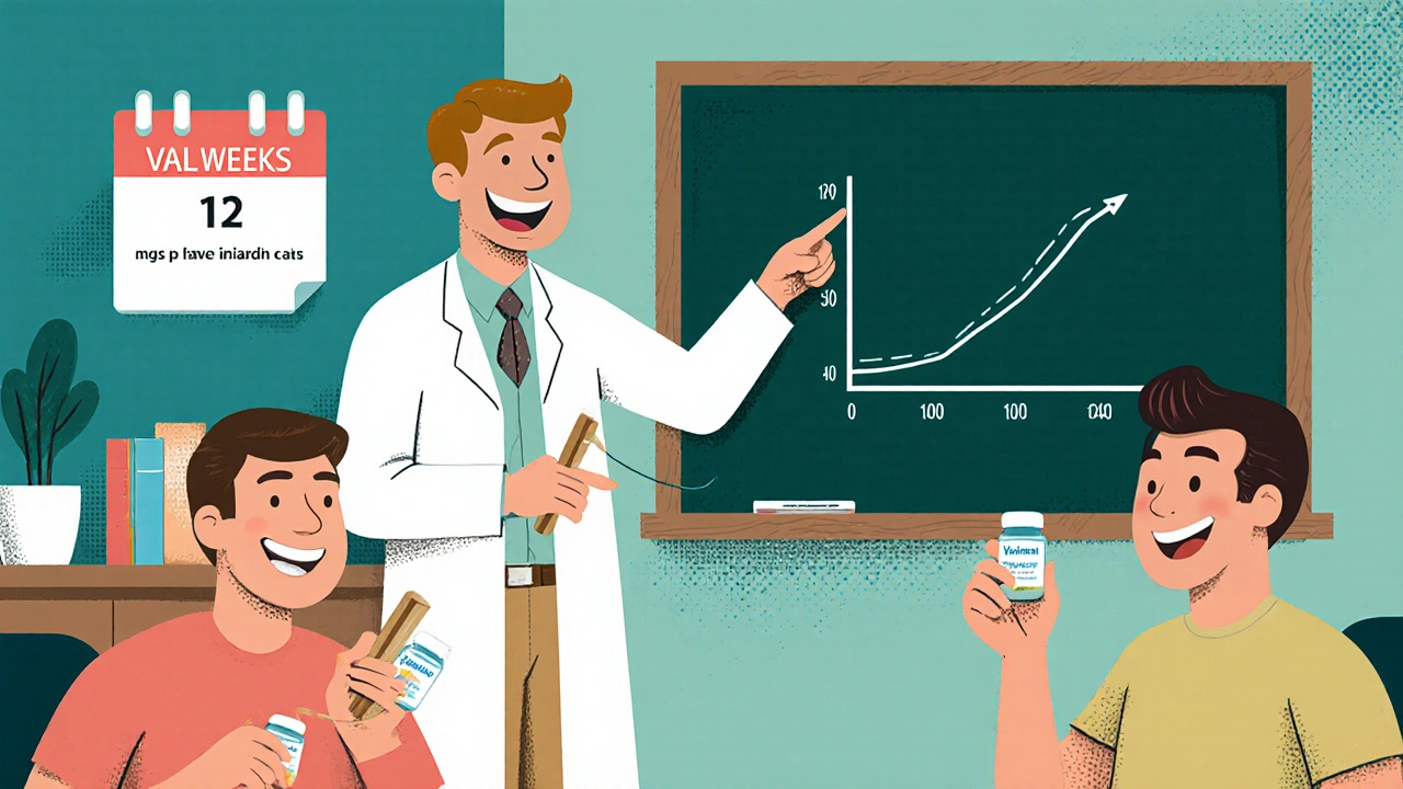 Researchers and men using a traction device while holding Vardenafil pills during a study.