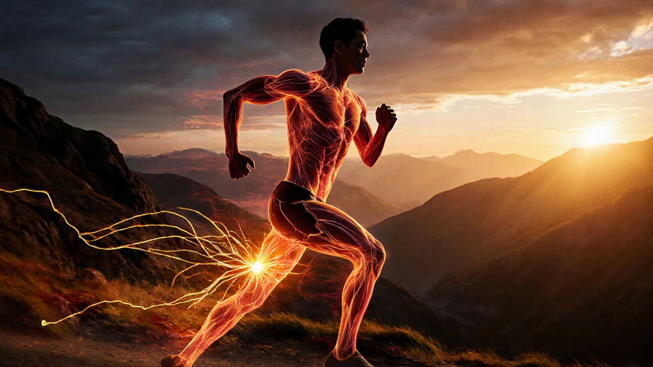 Runner against a sunrise with luminous mitochondria inside muscles glowing with energy.