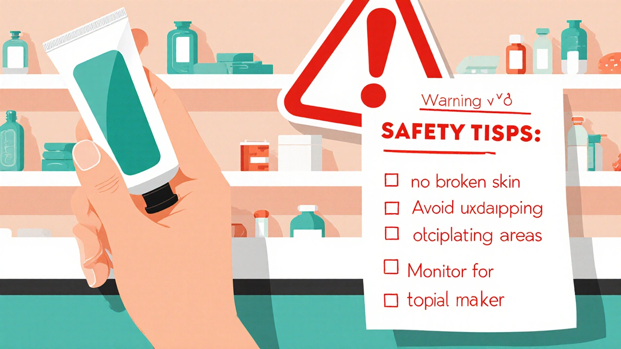 Safety guide cartoon showing gel tube, warning sign, and checklist of usage tips.
