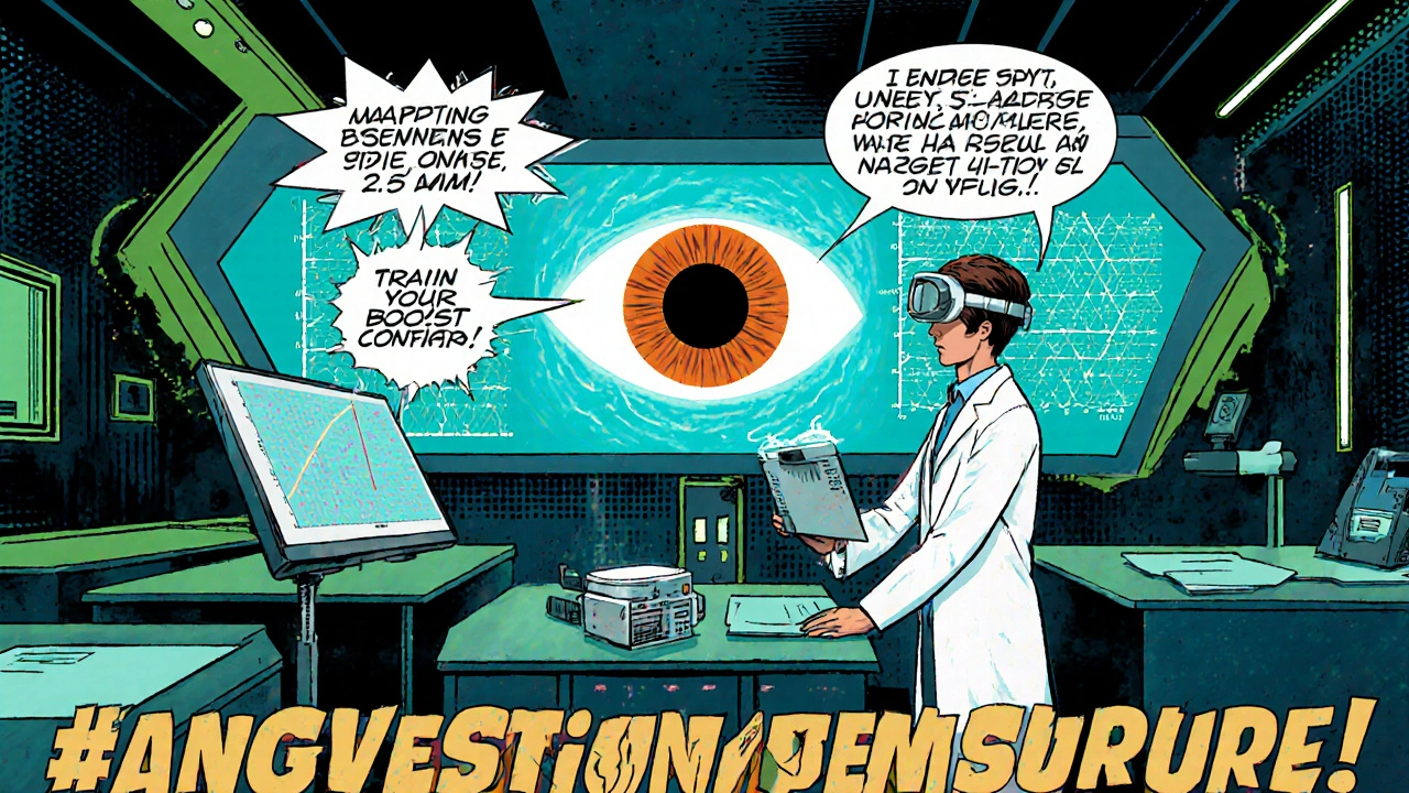 Scientist using adaptive optics to study pupil dynamics in a vintage comic style.