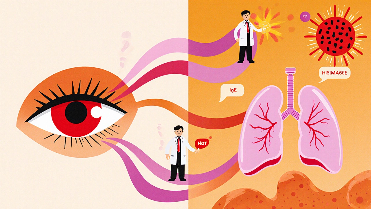 Split scene linking an allergic eye to lungs and skin with flowing ribbons representing immune signals.
