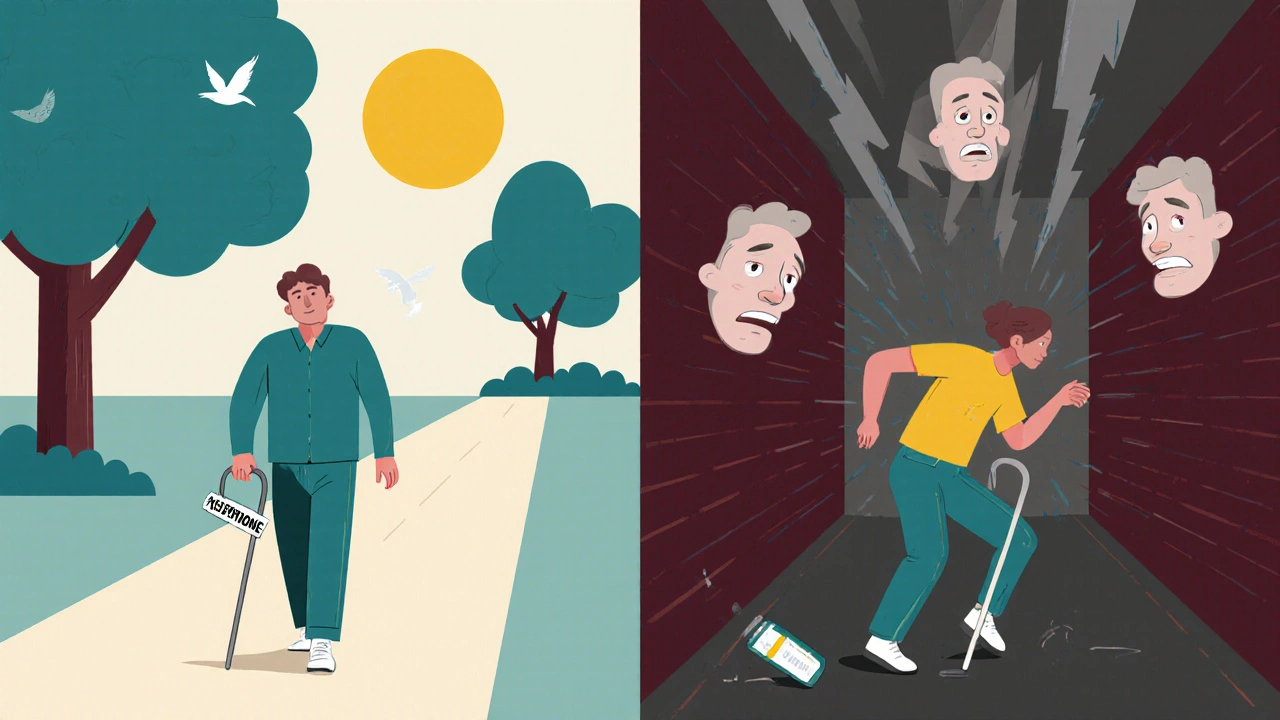Split scene: person walking steadily vs stumbling in storm, symbolizing medication vs alcohol effects