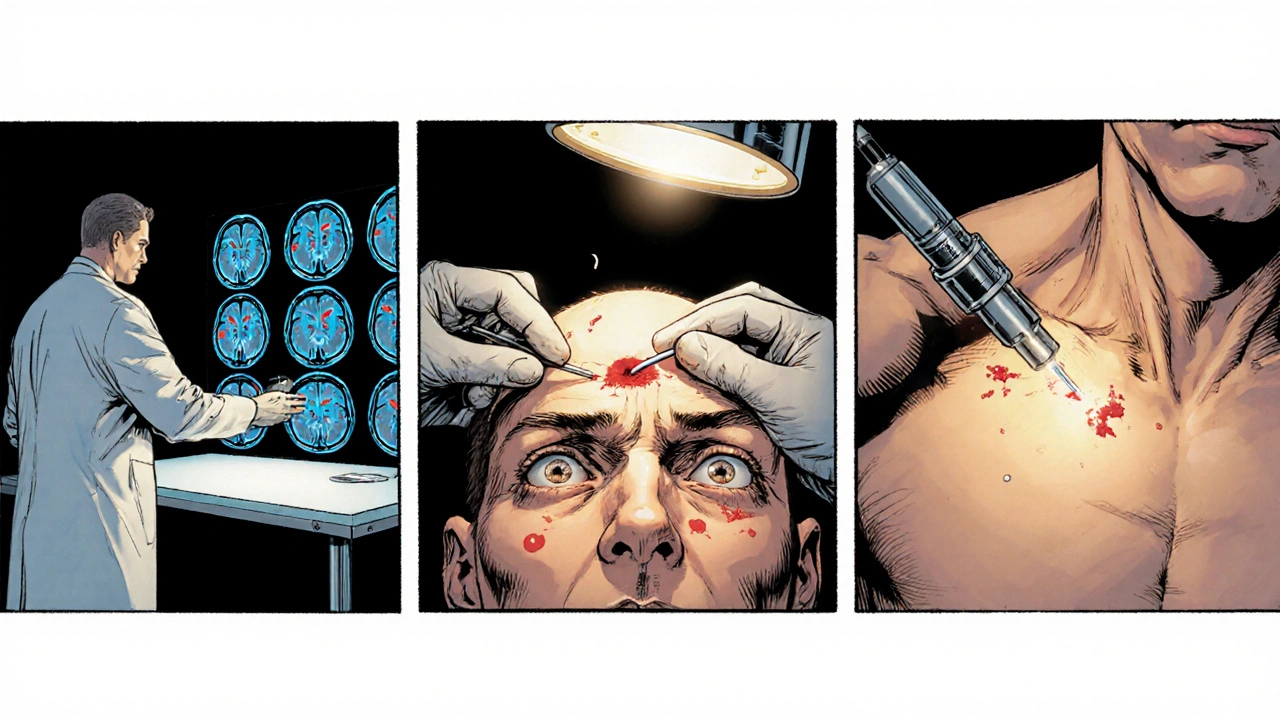 Surgeon implants brain electrode while patient remains awake, comic panel.