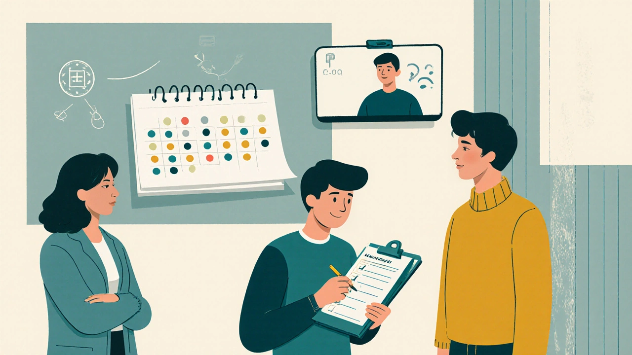 Teen completing a risk questionnaire while parent and counselor observe, calendar showing weekly visits.