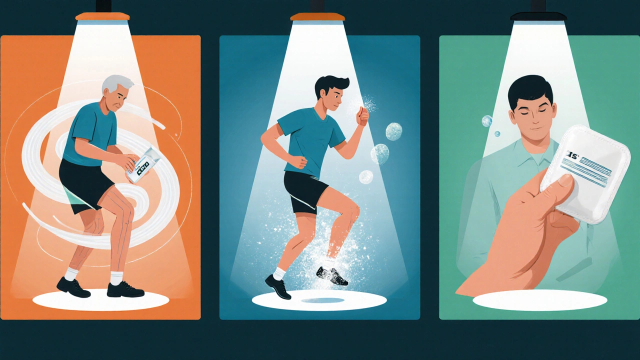 Three vignette scenes: arthritis patient with diclofenac, runner with menthol, shingles patient with lidocaine patch.