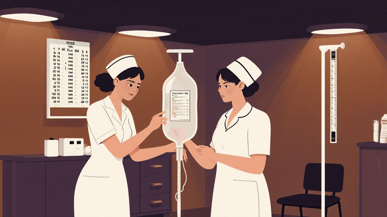 Two healthcare workers double-checking a child's IV medication dose in a hospital setting.