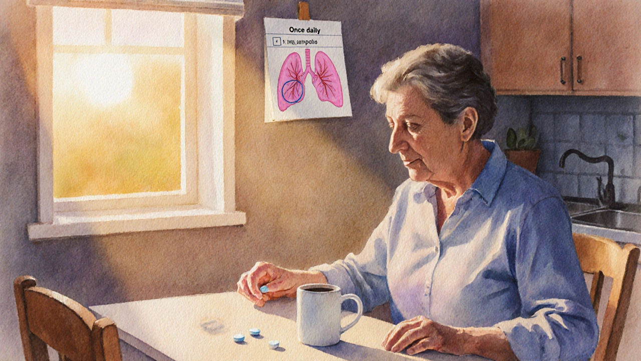 Watercolor of a patient taking a single Roxithromycin tablet at sunrise in a kitchen.