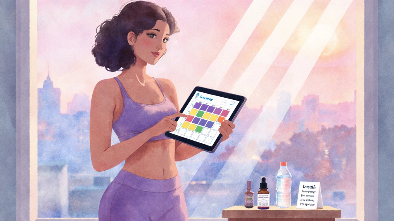 Woman at sunrise holding a symptom tracker with a calm panic‑relief kit.