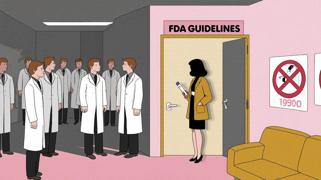 1970s clinical trial with only men inside, woman excluded outside the door