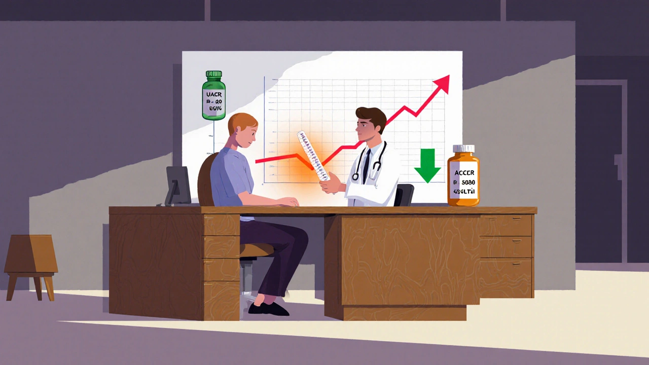 A doctor and patient reviewing a urine test with a rising UACR graph in a 1960s clinic setting.