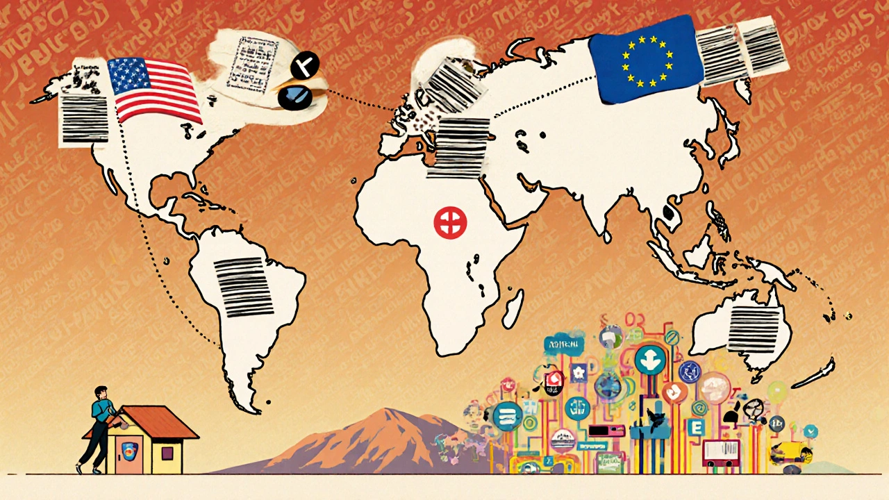 A global map showing conflicting drug tracking systems, with a small pharmacy connected to a digital network.
